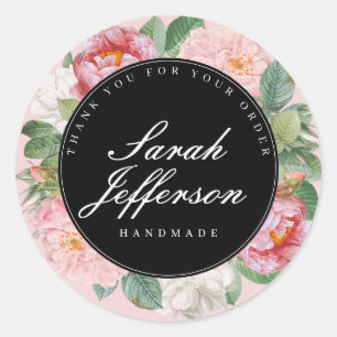 Sticker Rond Rose Floral noir rose Élégant Merci d'affaires