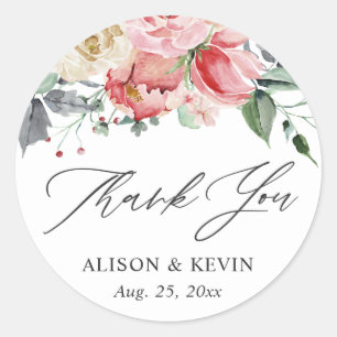 Sticker Rond Rose florale crème rose aquarelle Merci