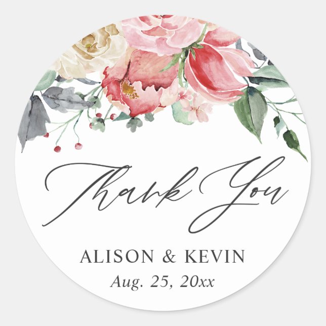 Sticker Rond Rose florale crème rose aquarelle Merci (Devant)