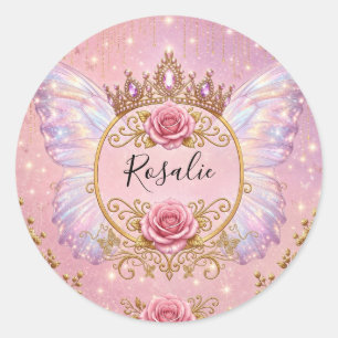 Sticker Rond Rose florale papillon princesse fée rose et or