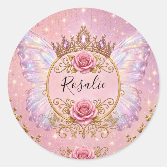Sticker Rond Rose florale papillon princesse fée rose et or (Devant)