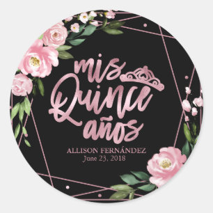 Sticker Rond Rose Florale Sur Fond Noir Quinceanera