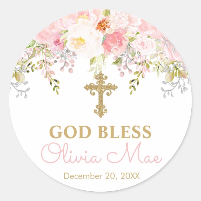 Sticker Rond Rose Garden Girl God Bless Baptism Favoriser Stick (Devant)