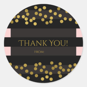Sticker Rond Rose gêné & Rayures noires Points en feuille dorée