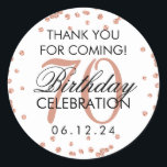 Sticker Rond Rose Gold 70e anniversaire Merci Parties scintilla<br><div class="desc">Elégant 70e anniversaire "Merci" Rose Gold Faux Parties scintillant Confetti Blanc préférence tag modèle.</div>