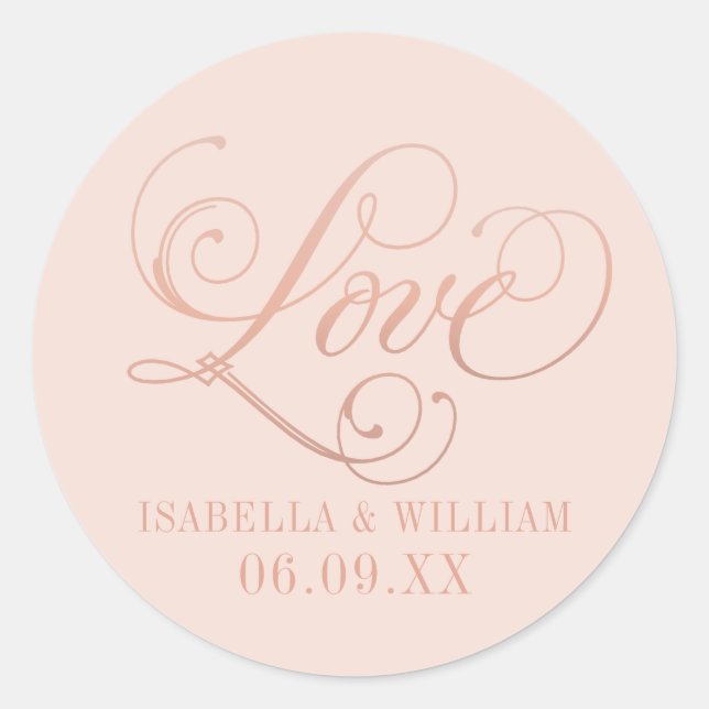 Sticker Rond Rose Gold Amour Écriture Blush Monogramme Mariage (Devant)