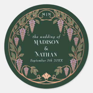Sticker Rond Rose Gold Art Nouveau Mariage au Wisteria Violet
