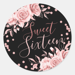Sticker Rond Rose Gold Black Sweet 16 Birthday Floral Parties s