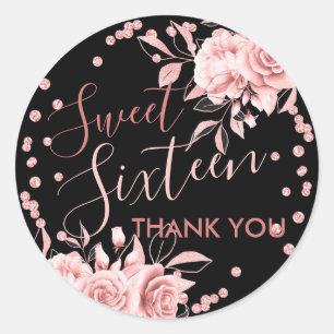 Sticker Rond Rose Gold Black Sweet 16 Merci Floral Parties scin