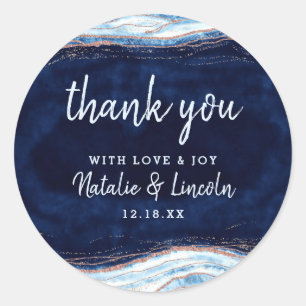 Sticker Rond Rose Gold Bleu Saphir Géode Mariage Remerciements