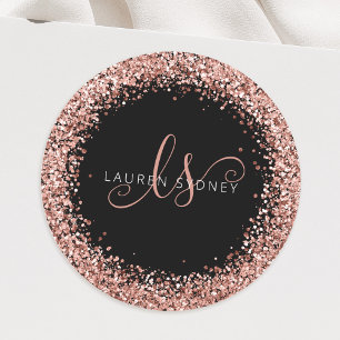 Sticker Rond Rose Gold Blush Pink Glitter Glam Monogram Name