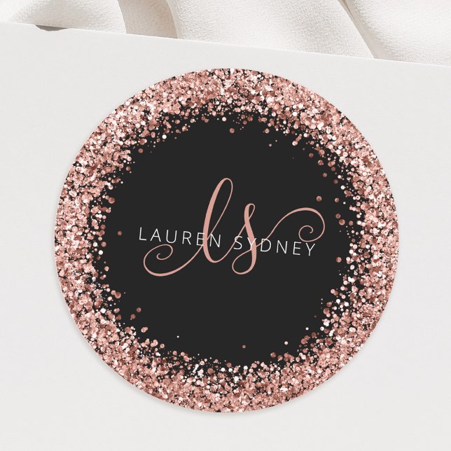 Sticker Rond Rose Gold Blush Pink Glitter Glam Monogram Name (Créateur téléchargé)