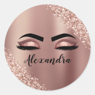 Sticker Rond Rose Gold Blush Pink Monogram Glitter Eyelashes