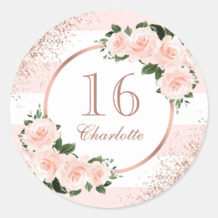 Sticker Rond Rose Gold Blush Rose Florale Douce 16e Anniversair
