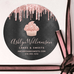 Sticker Rond Rose Gold Cupcake Parties scintillant Drives Baker