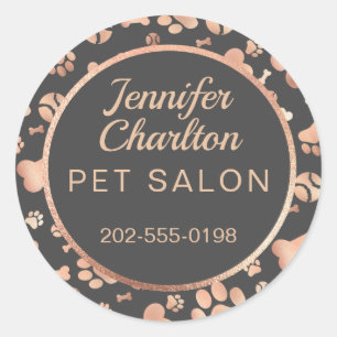 Sticker Rond Rose Gold Dog Walker Pet Salon Empreinte de patte
