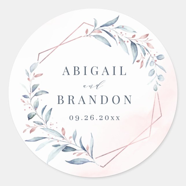 Sticker Rond Rose Gold Dusty Blue Greenery Mariage géométrique (Devant)
