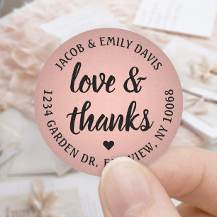 Sticker Rond Rose Gold Faux Foil Love and Thanks Adresse de ret