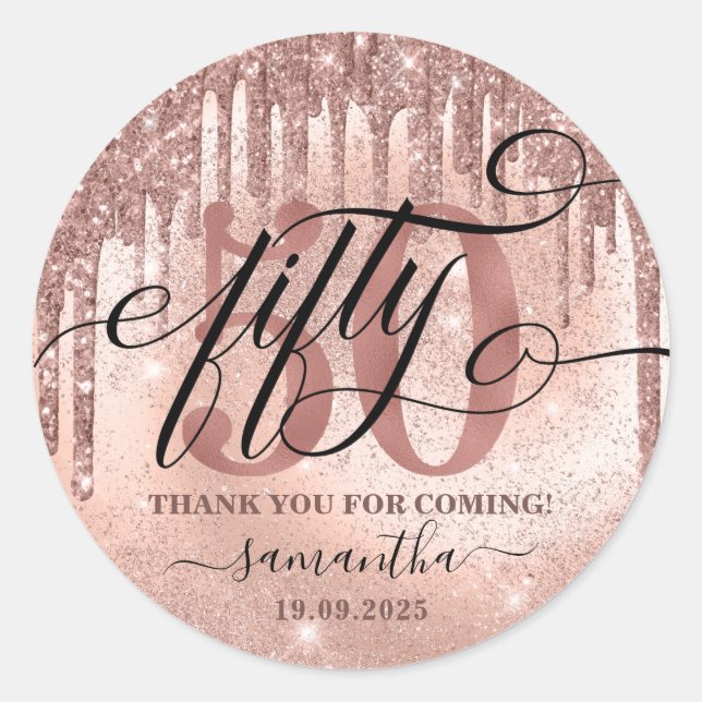 Sticker Rond Rose Gold Faux Parties scintillant & Foil 50e fête (Devant)