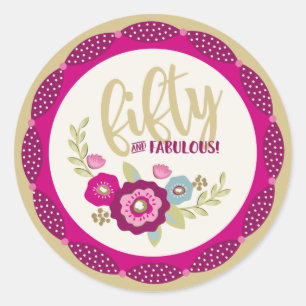 Sticker Rond Rose Gold Floral Cinquante Fabuleux Anniversaire