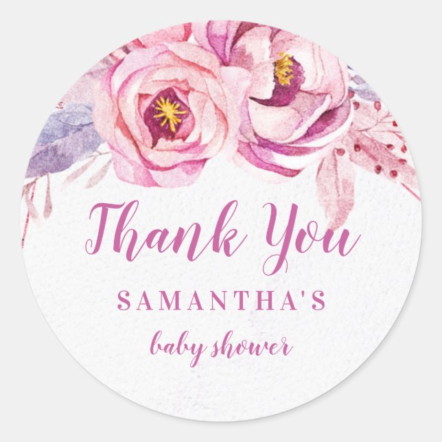 Sticker Rond Rose Gold Floral rose violet  bébé Baby shower fil (Devant)