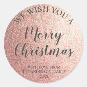 Sticker Rond Rose Gold Foil et Joyeux Noël écriture grise