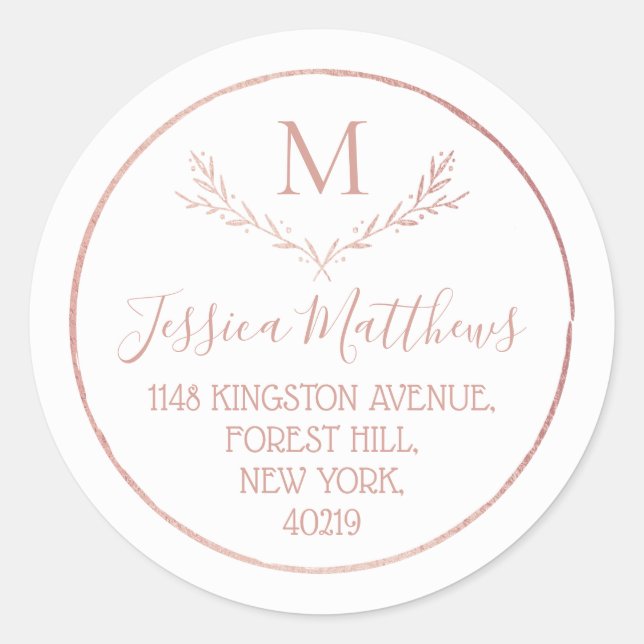 Sticker Rond Rose Gold Foil Wreath Monogramme Adresse de retour (Devant)