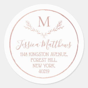 Sticker Rond Rose Gold Foil Wreath Monogramme Adresse de retour