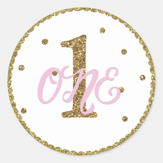 Sticker Rond Rose & Gold Girls ONE 1er anniversaire fête Favori (Devant)