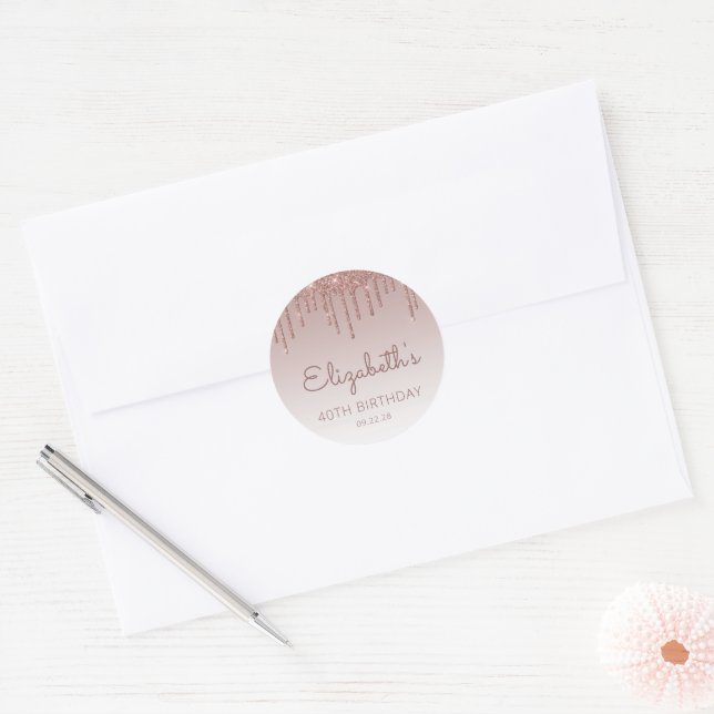 Sticker Rond Rose Gold Glitter Drip 40e Anniversaire (Enveloppe)