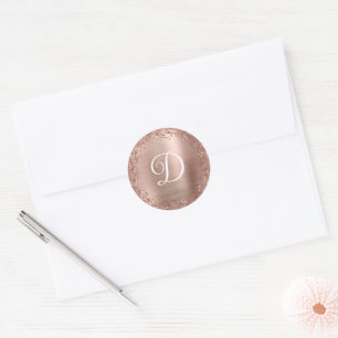 Sticker Rond Rose Gold Glitter et Monogramme en Feuille Circula