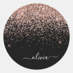 Sticker Rond Rose Gold Glitter Metal Monogramme Nom Glam