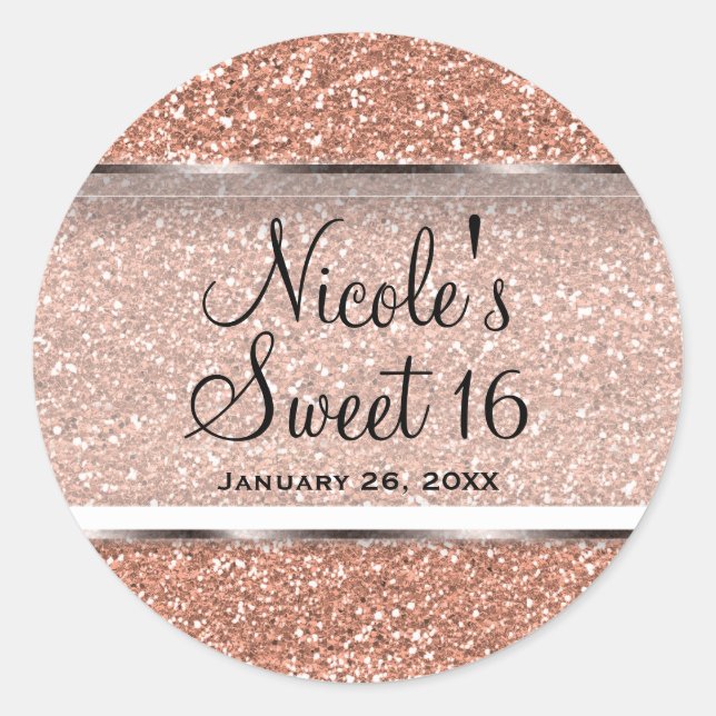 Sticker Rond Rose Gold Glitter Rose Pailleté Faveur de Mariage  (Devant)