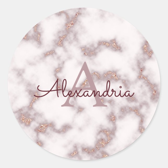 Sticker Rond Rose Gold Glittering Pink Marble Monogramme Nom (Devant)