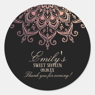 Sticker Rond Rose Gold Mandala Sweet 16 Merci