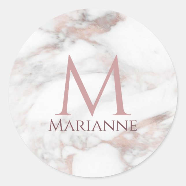 Sticker Rond Rose Gold Marbre Élégant Moderne Monogramme Person (Devant)