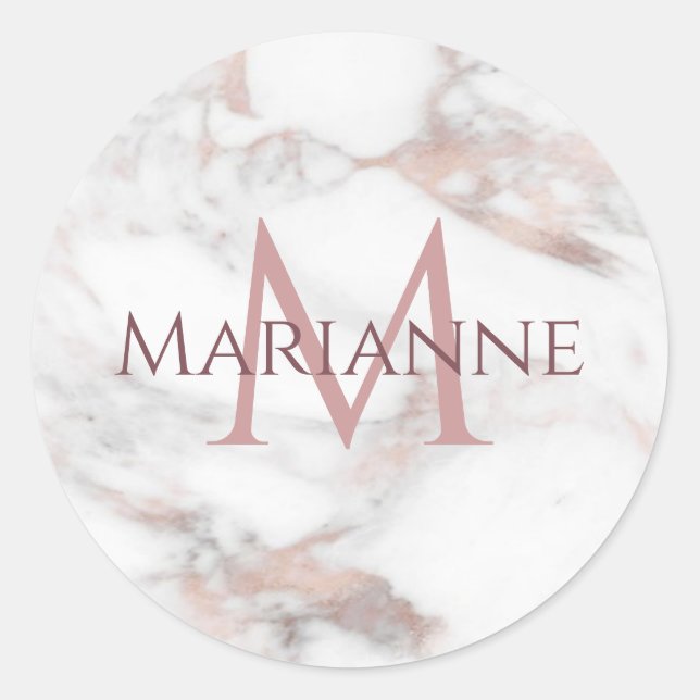 Sticker Rond Rose Gold Marbre Moderne Élégant avec Monogramme (Devant)