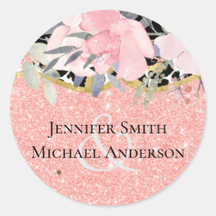 Sticker Rond Rose gold MARIAGE Féminin Rose Floral Pailleté Gla