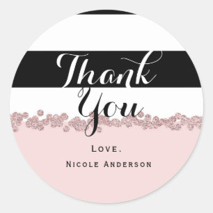Sticker Rond Rose Gold Moderne Rose Pâle et Rayure Noir & Blanc