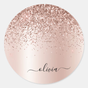 Sticker Rond Rose Gold - Monogramme Nom Paillettes Rose Metal