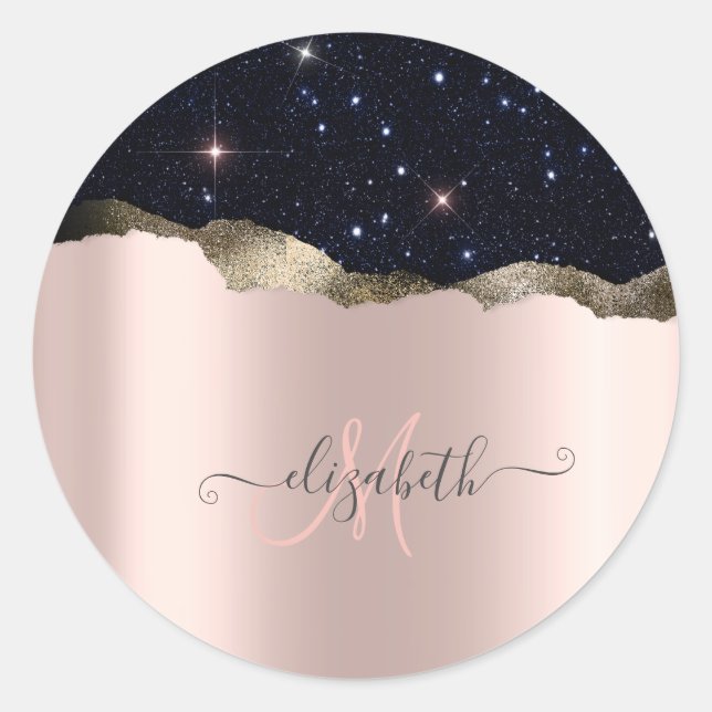 Sticker Rond Rose Gold Monogramme Pailleté Noir Moderne  (Devant)
