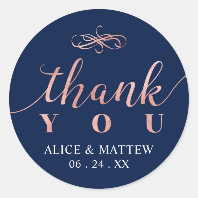 Sticker Rond Rose Gold & Navy | Mariage Merci, Cadeau (Devant)