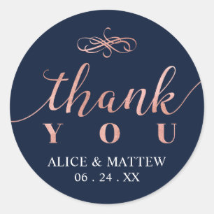 Sticker Rond Rose Gold & Navy Mariage Merci, Faveur