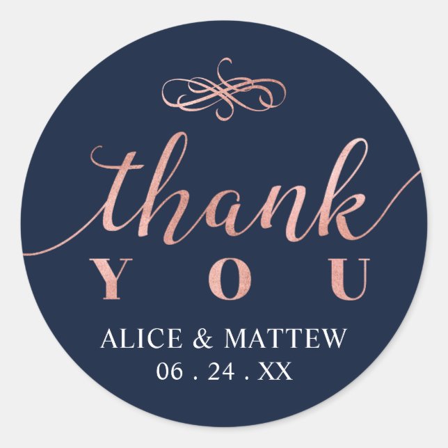 Sticker Rond Rose Gold & Navy | Merci Mariage, Favoriser (Devant)