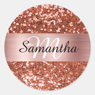 Sticker Rond Rose Gold Pailleté Cuivre Brillant Monogramme Étin
