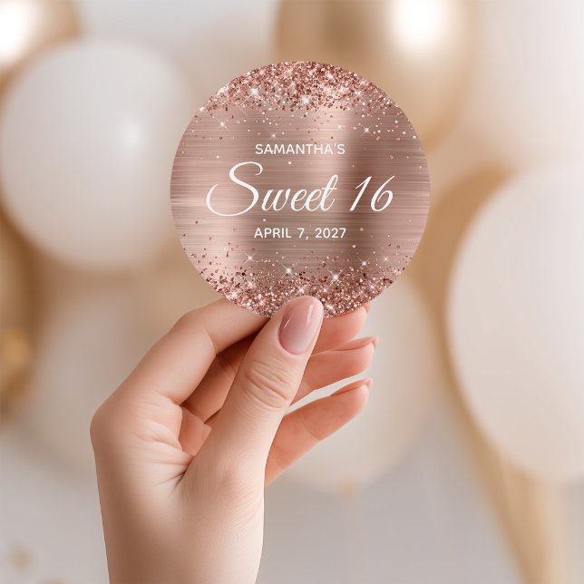 Sticker Rond Rose Gold Pailleté Douce 16 (Glittery Rose Gold Foil Sweet 16 Classic Round Sticker)