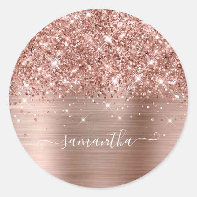Sticker Rond Rose Gold Pailleté Féminin Calligraphie de Signatu (Devant)
