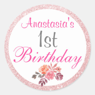 Sticker Rond Rose Gold Pailleté Fleur Rose Foncé 1er Anniversai
