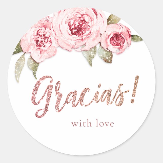 Sticker Rond Rose gold pailleté floral rose gracias favor (Devant)