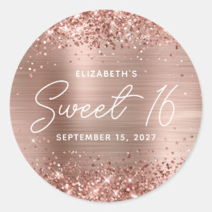 Sticker Rond Rose Gold Pailleté Glam Moderne Écriture Douce 16
